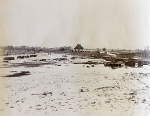 Ruins of the locomotive shed at Fengtai, Peking and damaged locomotives