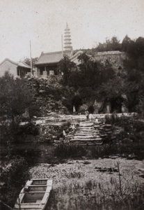 A temple by a pond