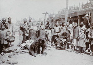 Chained performing bear and food vendors, Peking