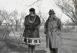 Lady Rachel Lampson, wearing a Siberian coat, with Bigliardi, at a drag hunt near Beijing