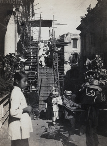 Preparations for a funeral procession, Wyndham Street, Hong Kong