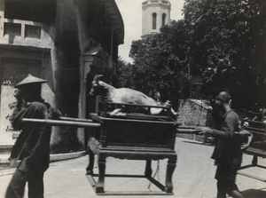 Goat carried in funeral procession, outside Dairy Farm Company main depot, Hong Kong