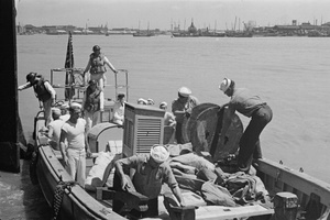 American sailors and supplies on a tender, Shanghai