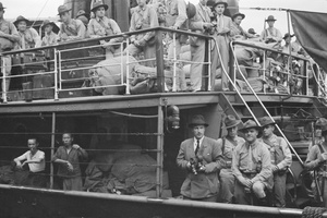 American Marines with news cameramen, on Dollar Line tender, Shanghai