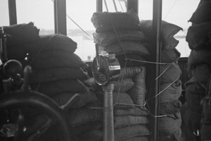 Bridge of the tug 'St Aubin', protected with sandbags, Shanghai