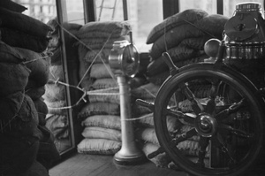 Bridge of the tug 'St Aubin', protected with sandbags, Shanghai