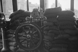 Bridge of the tug 'St Aubin', protected with sandbags, Shanghai