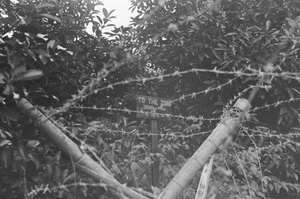 Sign 'To The Zoo' behind barbed wire, Shanghai