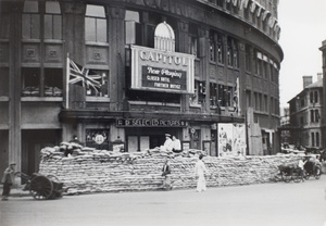 Sandbags outside Capitol Theatre (cinema), Shanghai