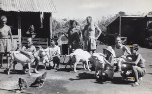 Farm staff, goats and chickens, with Mrs Andrews, at the 'farm', Lunghua Civilian Assembly Centre, Shanghai