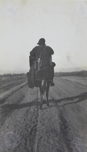 A man on a donkey with a suitcase