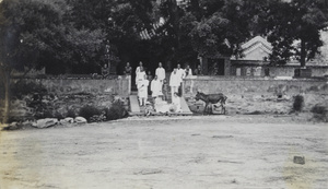 Group on steps by buildings