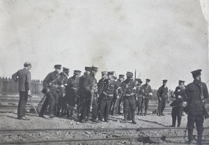 Drilling revolutionary recruits, by railway tracks