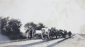 Qing army artillery soldiers watching oil tank fire