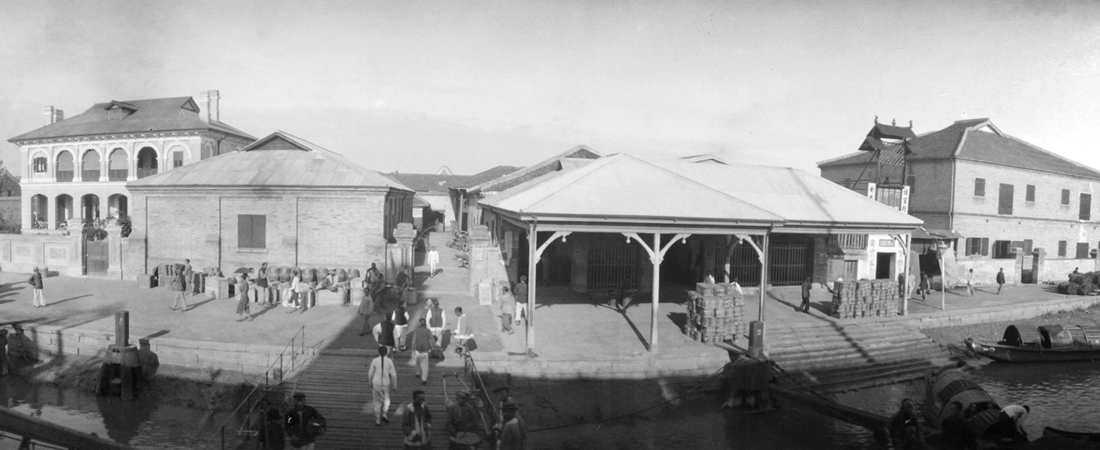 Godowns at Ningbo (宁波市), photographed from a steamer